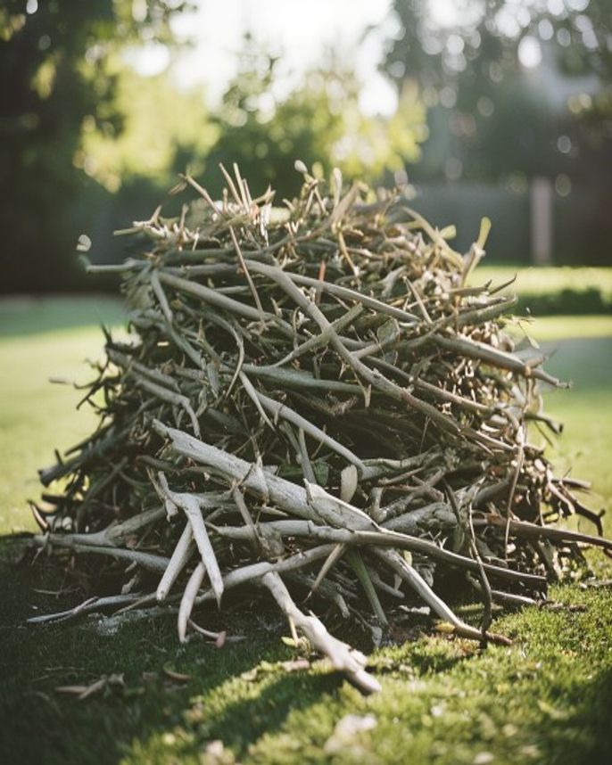 A cleared pile of branches on a lawn